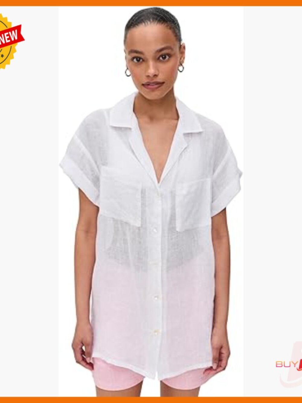 Linen Blouse With Patch Pockets, Short Sleeve, Button Front